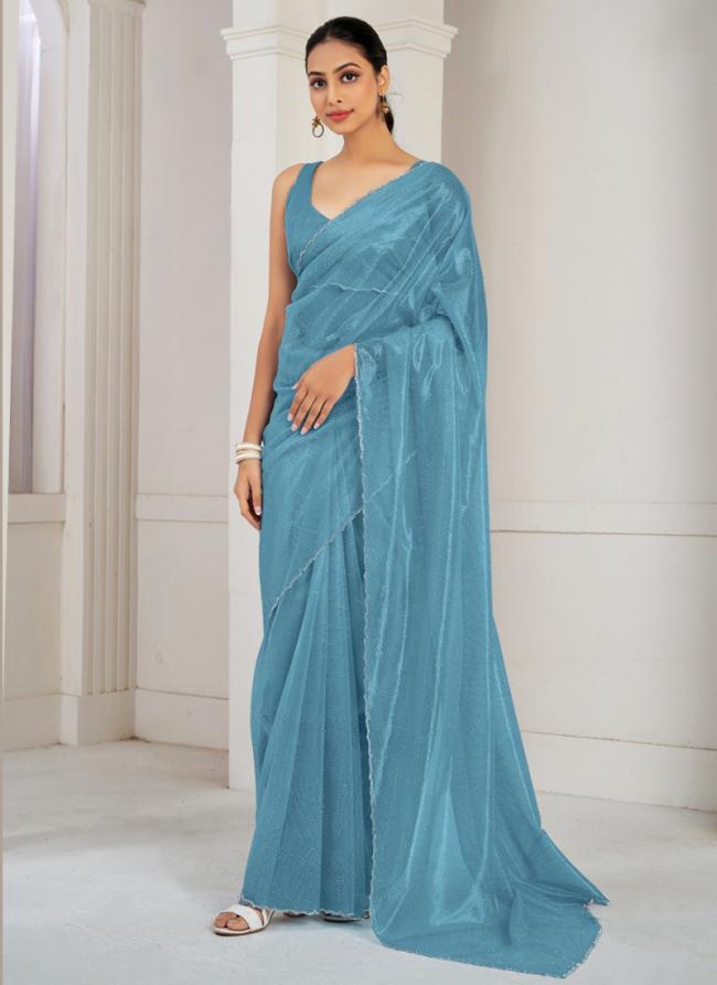 Soft Organza Aqua Blue Casual Wear Hand Work Saree